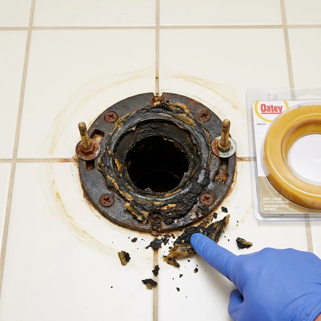 Failed wax ring showing water seepage at the base of a toilet in a Marion, WI home