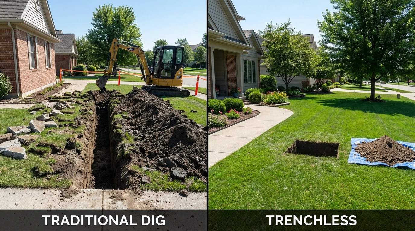Trenchless sewer repair with minimal yard damage versus traditional excavation in Marion, WI