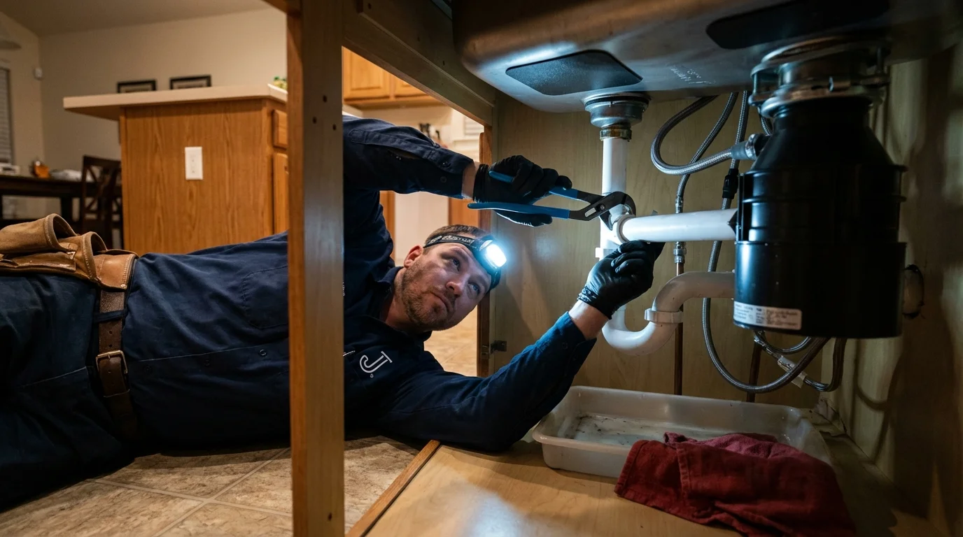 P-trap and supply line connections under a kitchen sink showing a common leak point in Marion, WI
